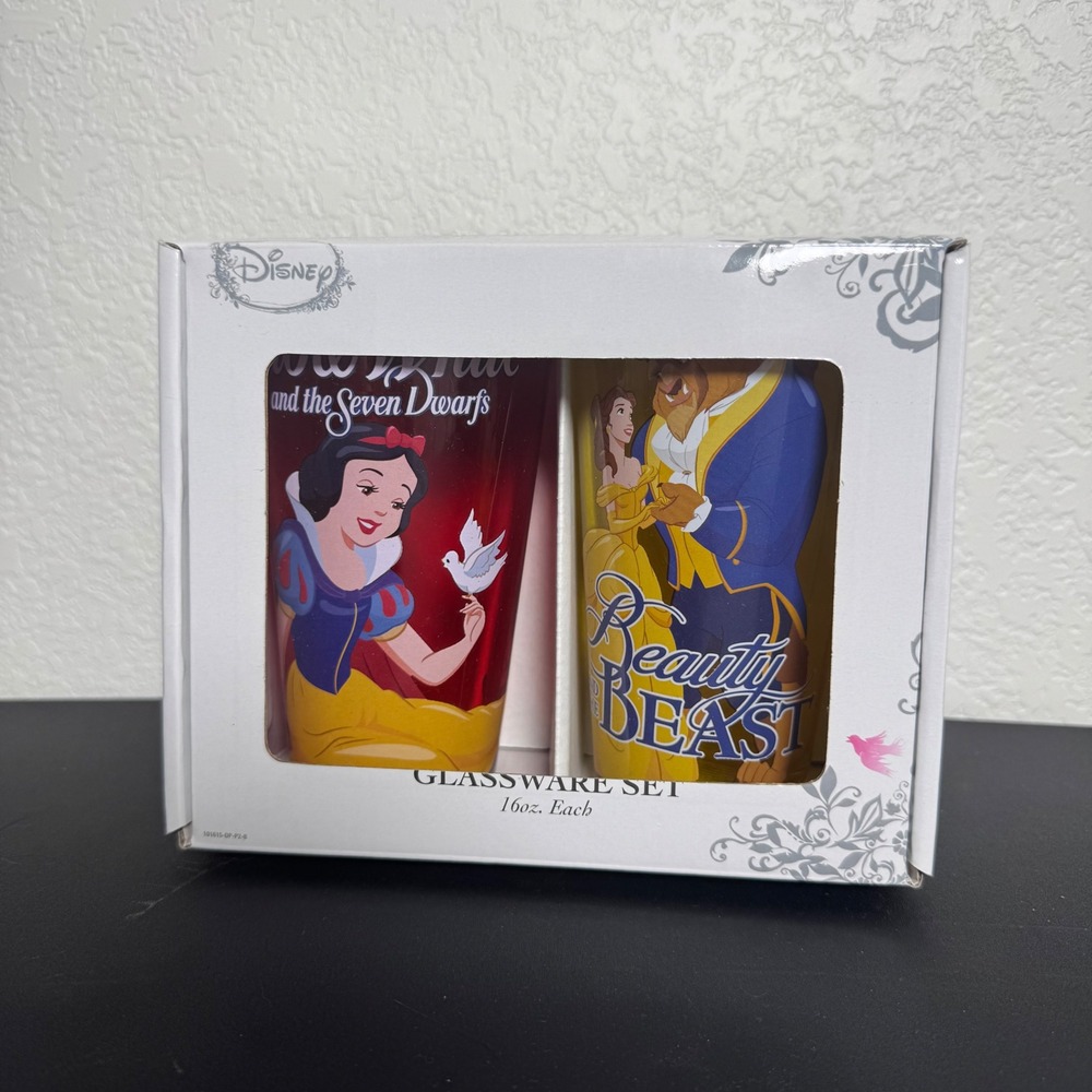 Disney Glassware Set Unisex 16oz Multicolor Snow White Beauty and the Beast 2pk
